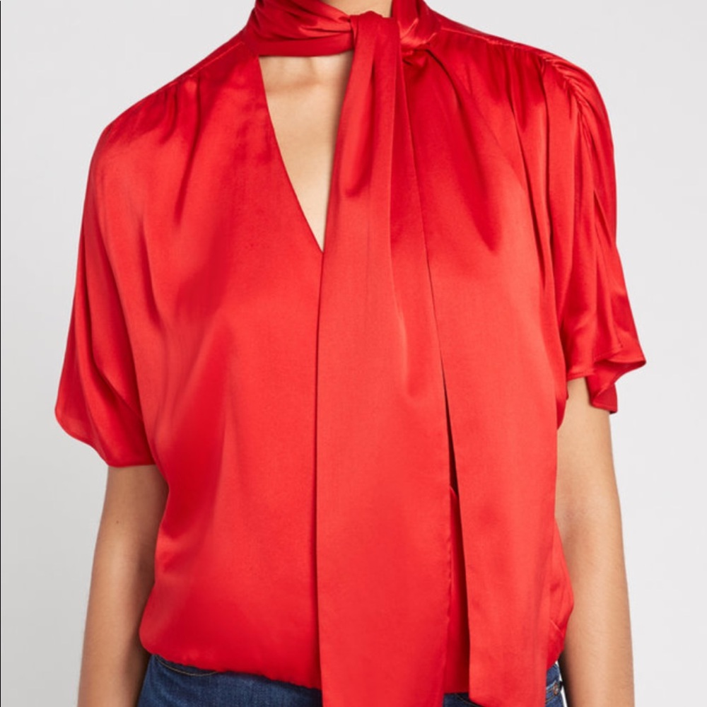 NWT Alice + Olivia ruby red silk top with tie.